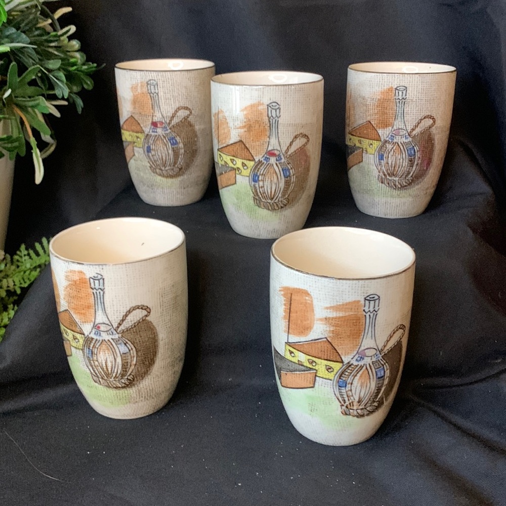 Set of 5 MCM Capri by Royal Sealy Juice Cups with Wine & Cheese Motif